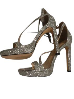 LALA IKAI Silver Glitter Open Toe High Heels FLAW Shiny Buckle Shoes Sz 37 READ